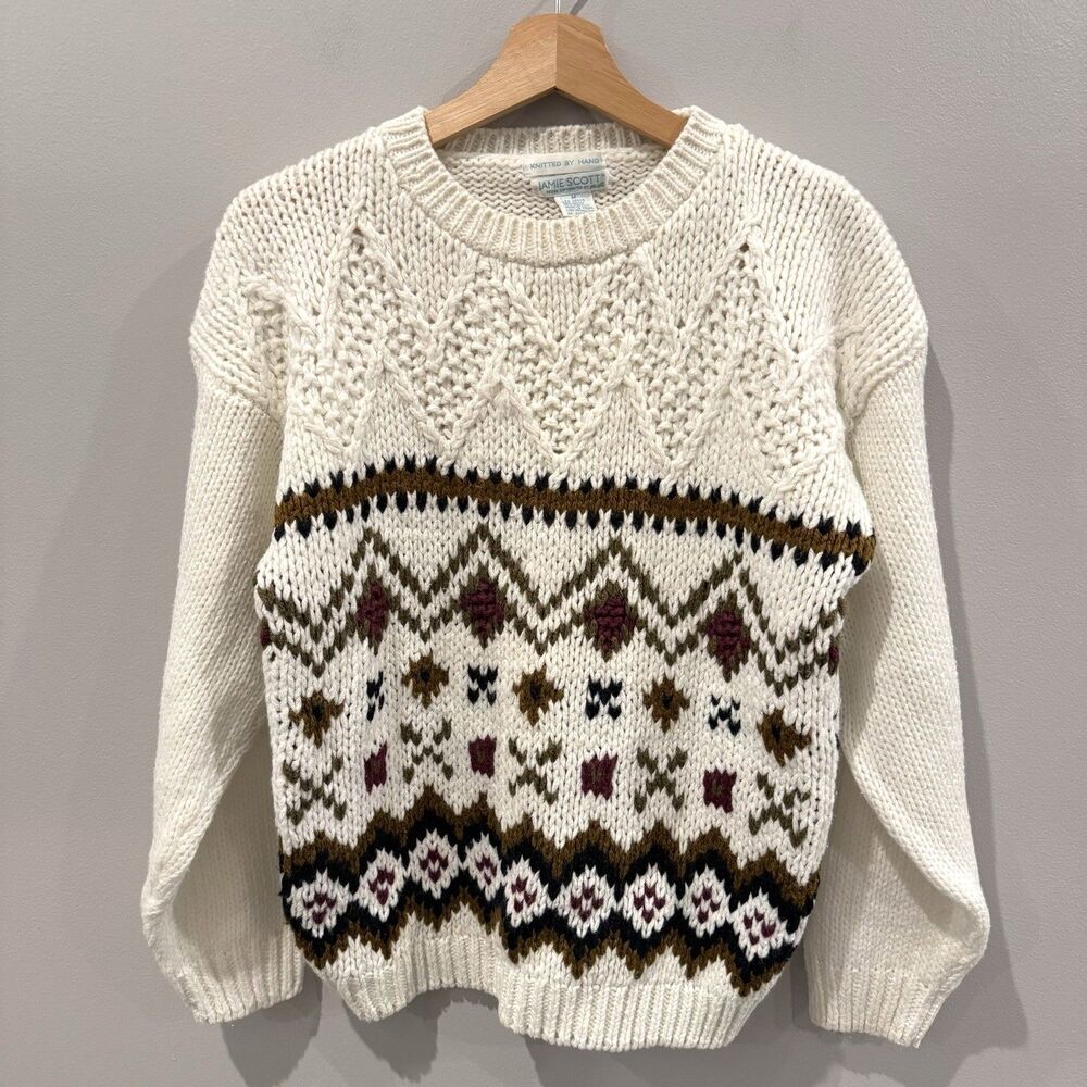 VTG Jamie Scott Hand Knit Sweater Womens M Textured Fair Isle Hand Knitted